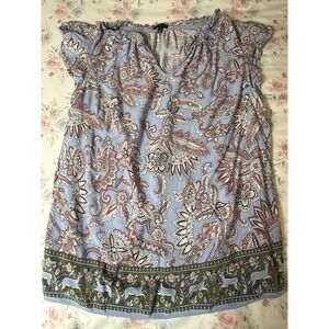 Talbots Women's Top Medium Blue Paisley Floral Short‎ Sleeve Rayon Blouse Boho